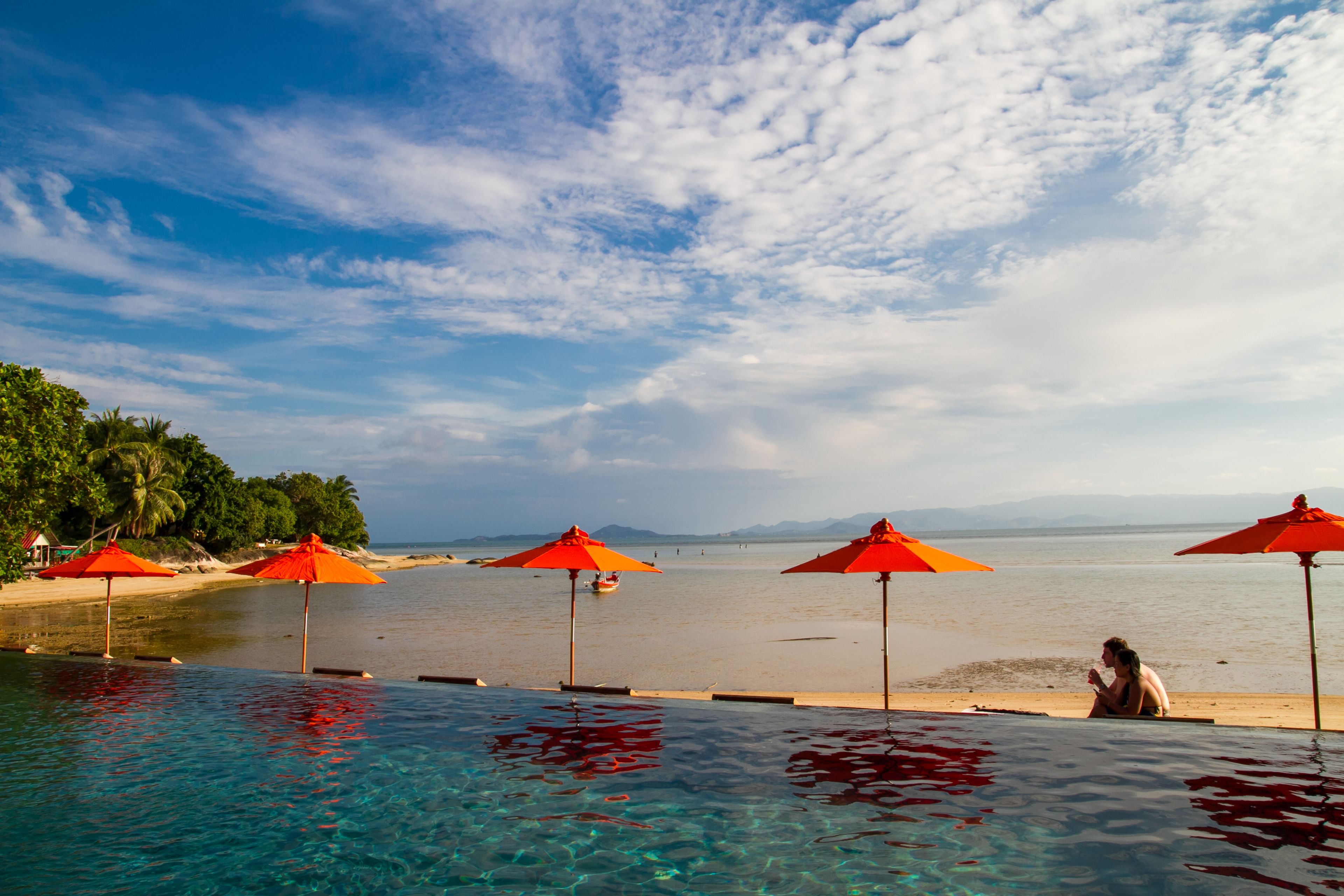 Outdoor pool, pool umbrellas, pool loungers