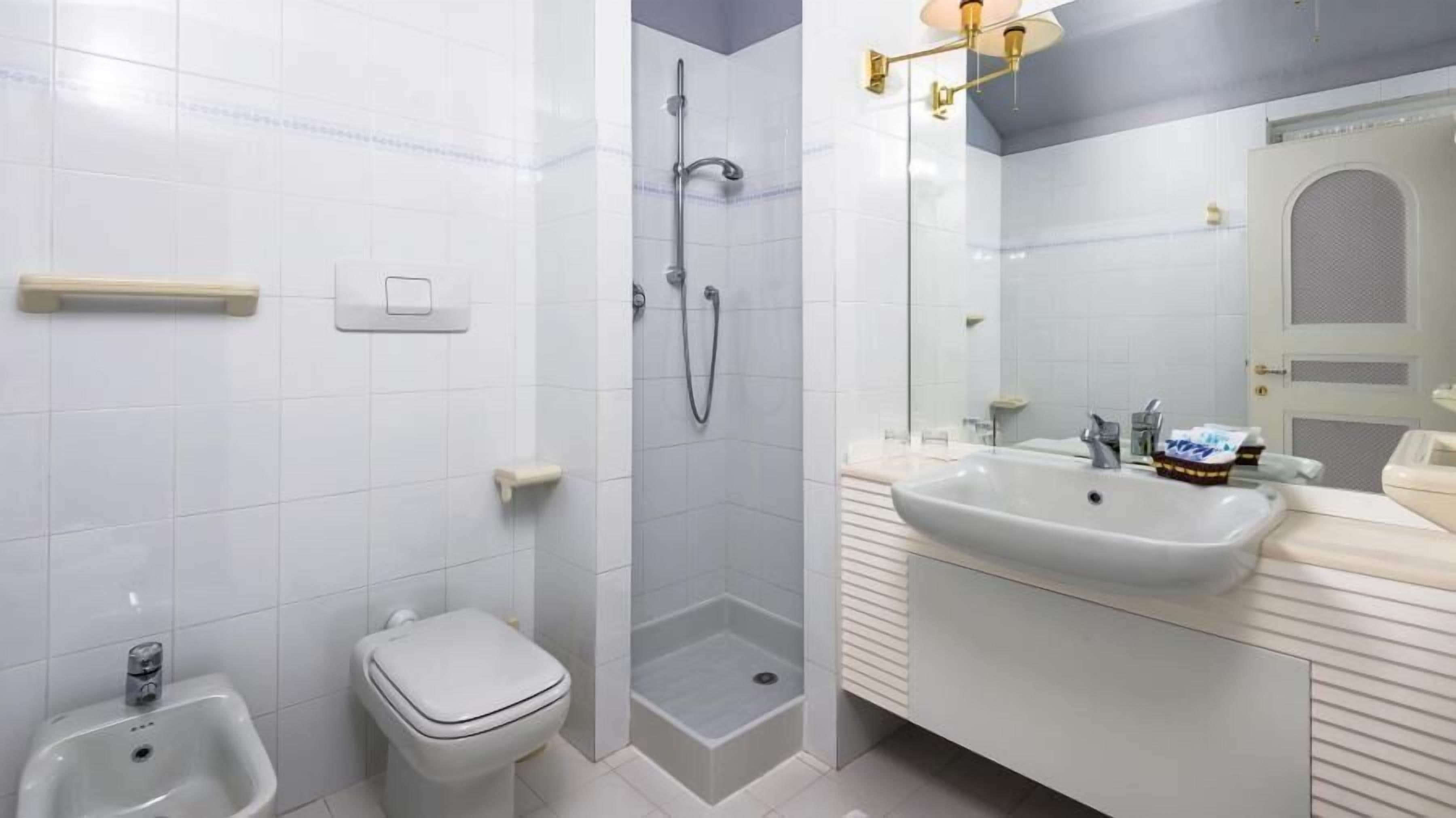 shower, hair dryer, bidet, towels