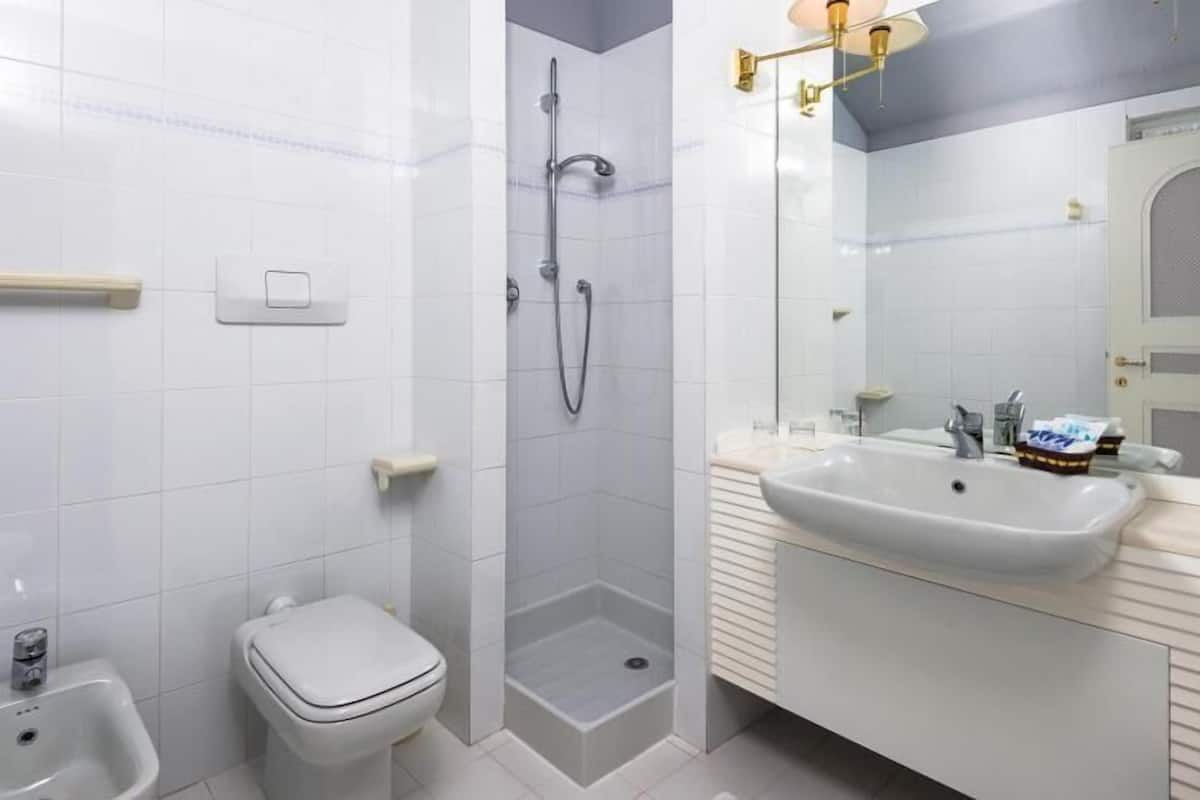 shower, hair dryer, bidet, towels