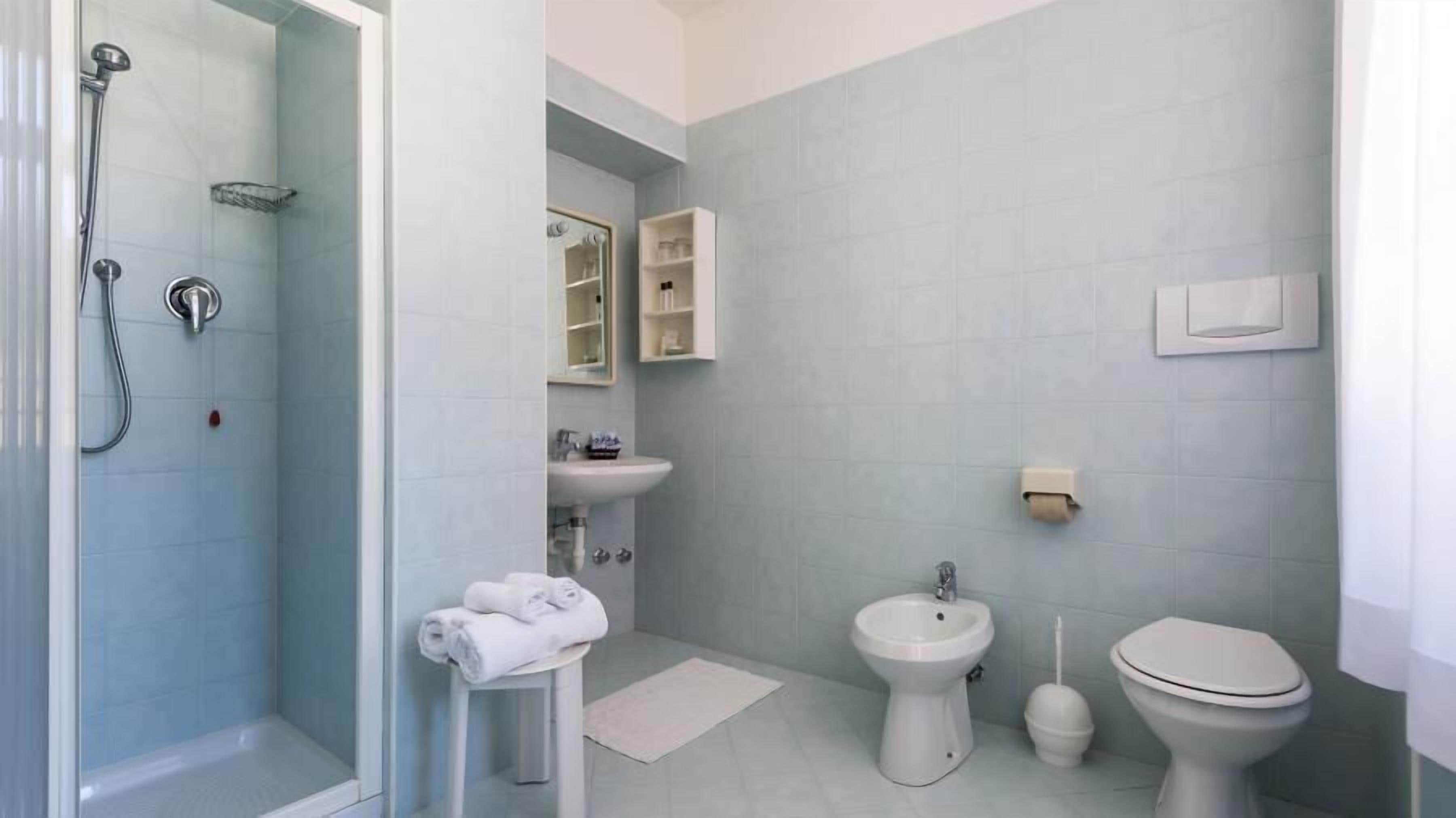 shower, hair dryer, bidet, towels