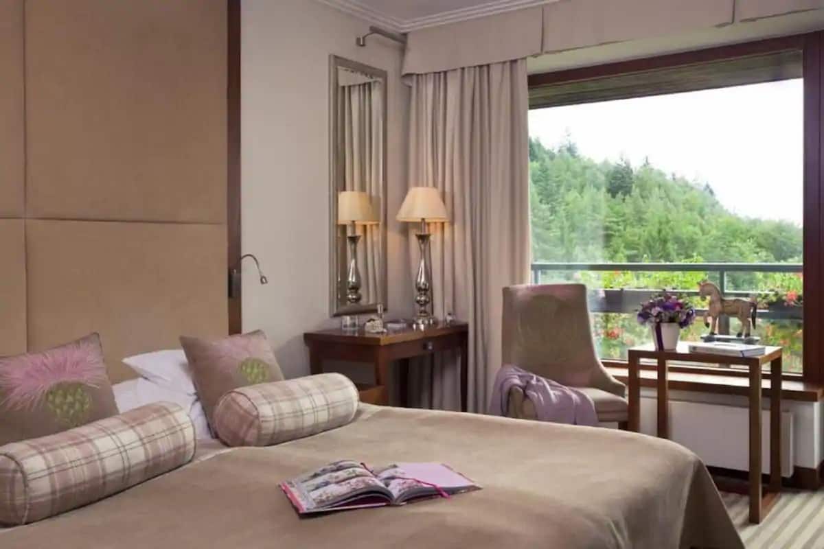 Une chambre d’hôtel avec un grand lit, une chaise, une petite table avec une lampe et une vue sur la verdure par la fenêtre.