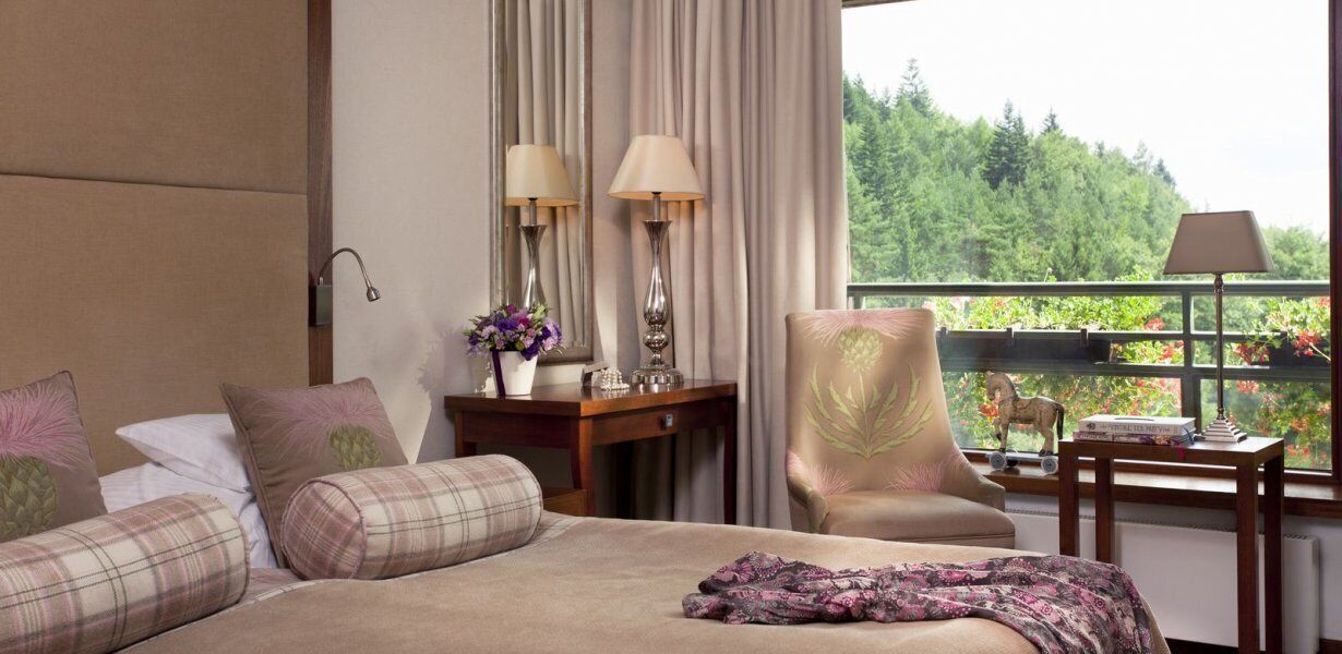 A hotel room with a large bed, a chair, a desk with lamps, and a view of greenery.