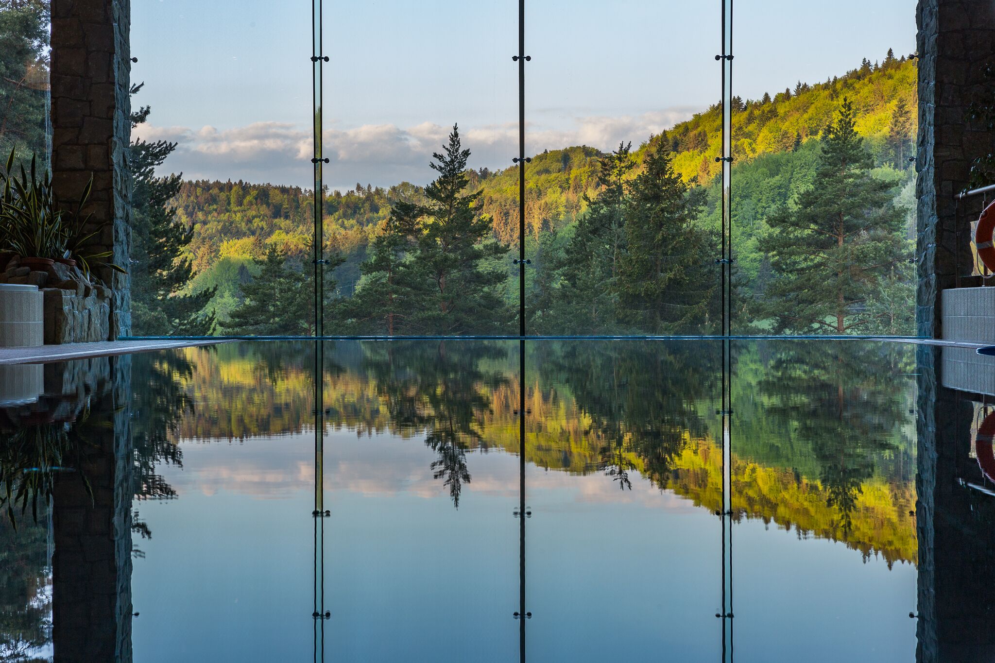 A glass-enclosed room with a view of a forested hillside.
