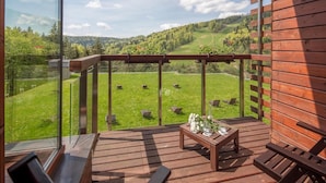 A wooden deck with a glass balustrade overlooking a green landscape with trees and hills. - Hotel SPA Dr Irena Eris Krynica Zdrój 12+ (Krynica-Zdroj)