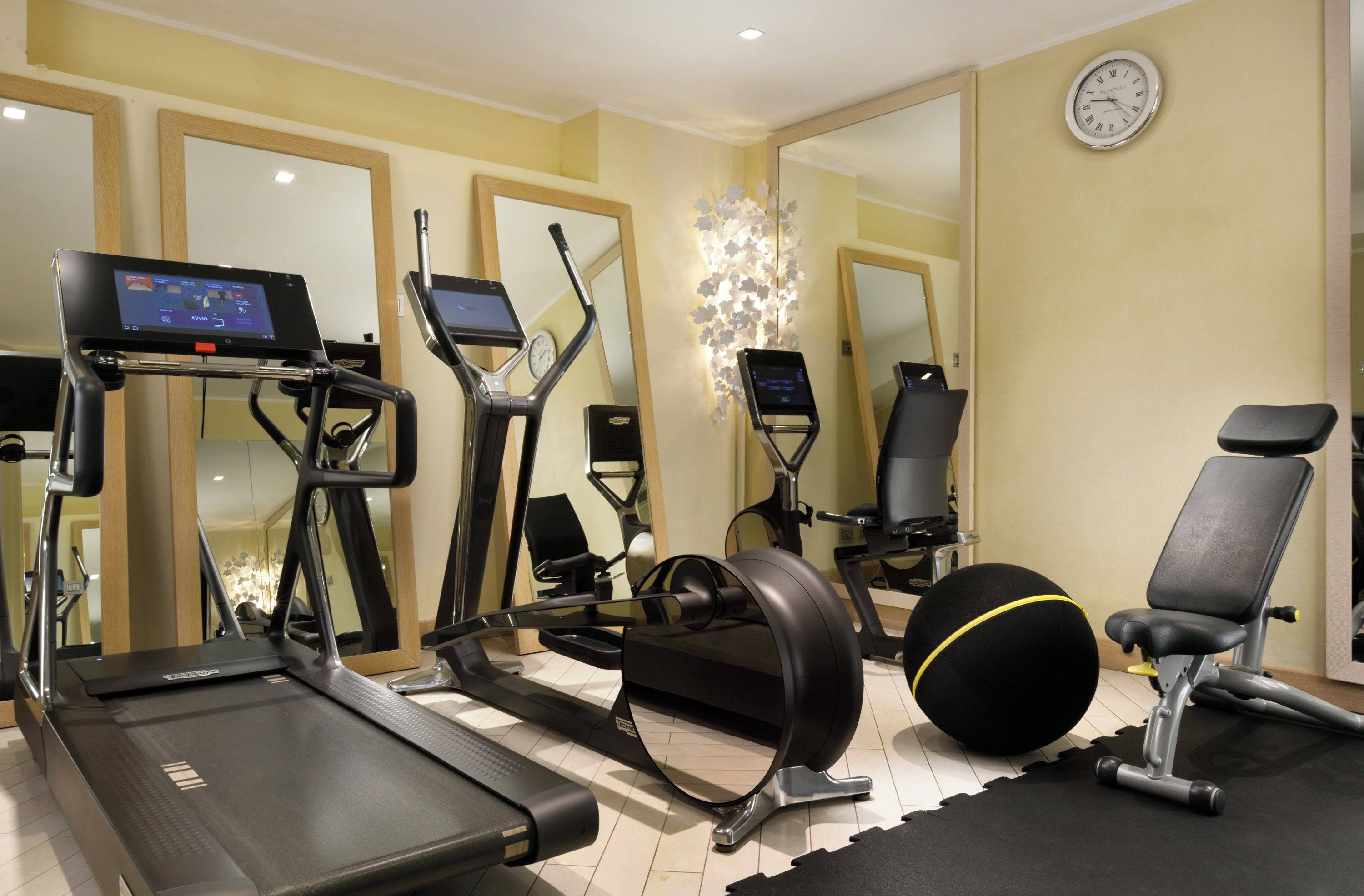 Un gimnasio en casa con cintas de correr, una elíptica, una bicicleta estática, una máquina de remo y un banco de pesas.