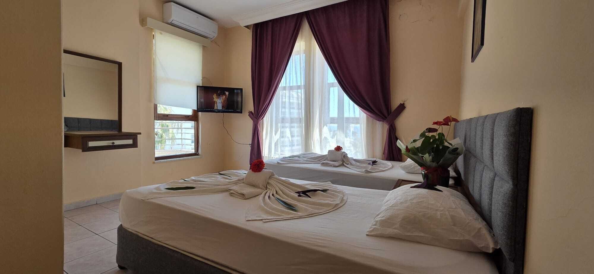 A hotel room with two beds, a TV, a window with curtains, a plant, and a wall-mounted shelf.
