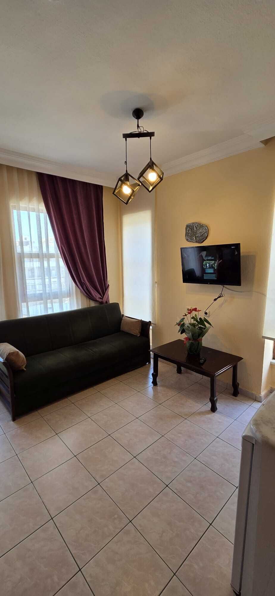 Una sala de estar con un sofá, una mesa de centro, un televisor de pantalla plana y una planta decorativa.