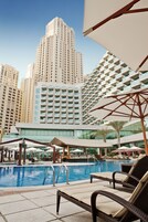 Outdoor pool, pool umbrellas, pool loungers