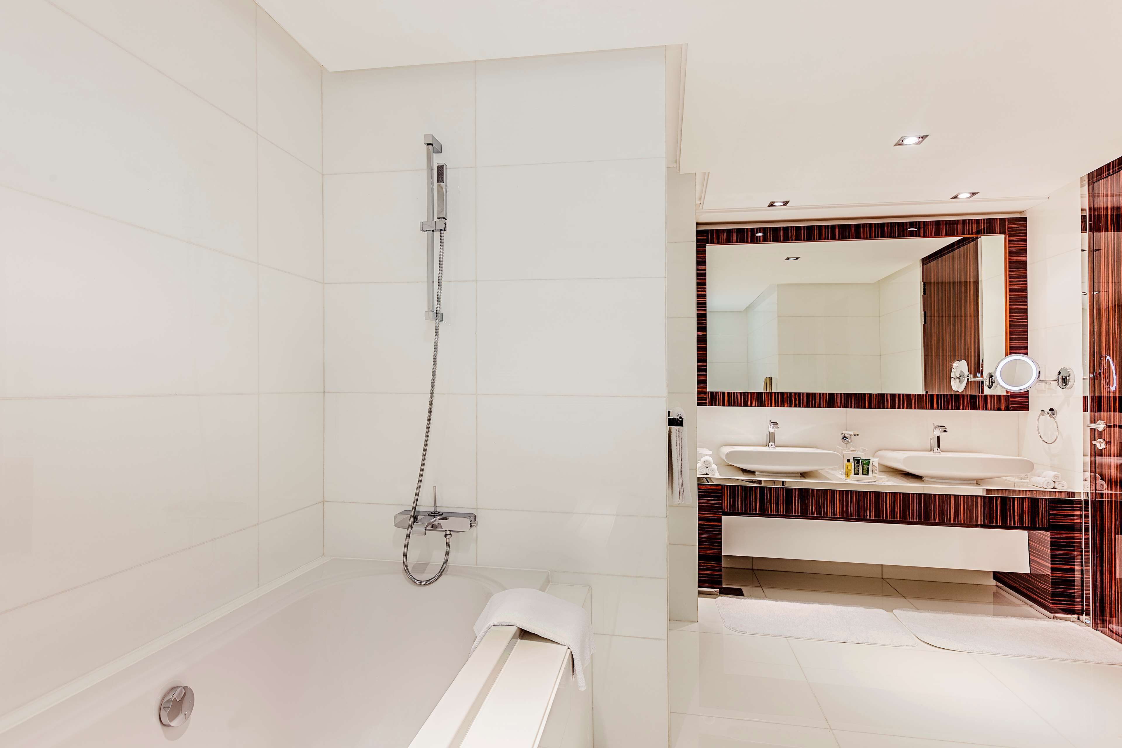 A modern bathroom with a bathtub, a shower, and a vanity with two sinks.