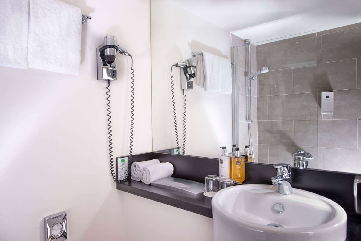 combined shower/bathtub, eco-friendly toiletries, hair dryer, towels