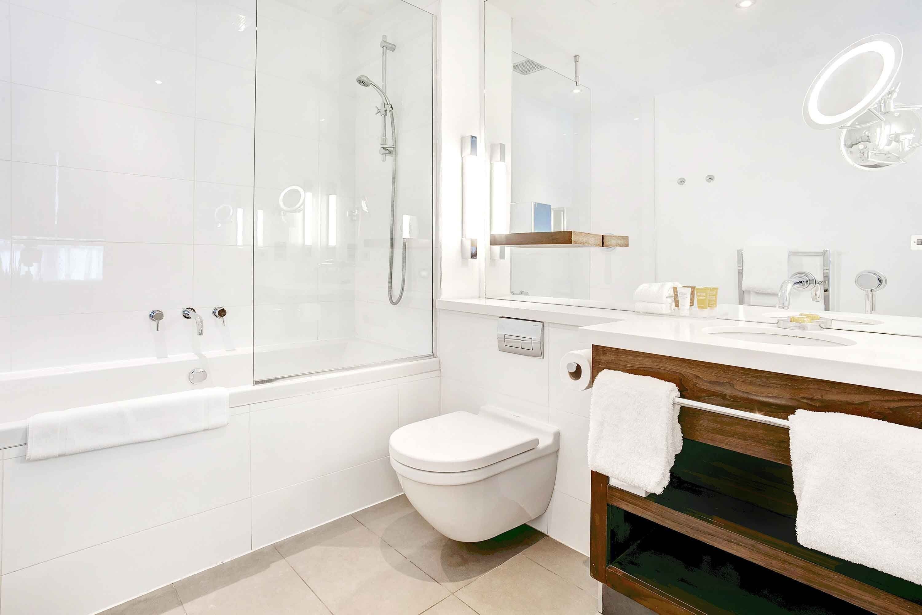 shower, rainfall showerhead, free toiletries, hair dryer