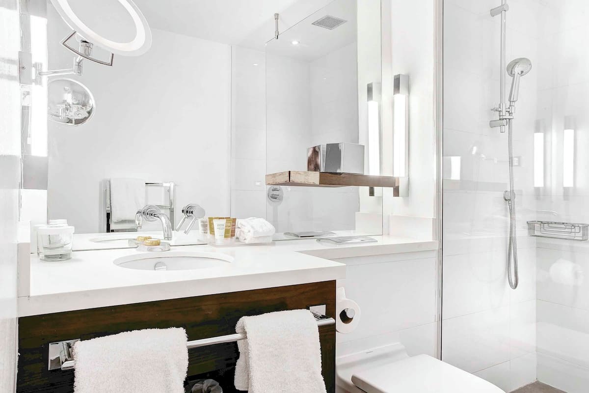 Shower, rainfall showerhead, free toiletries, hair dryer