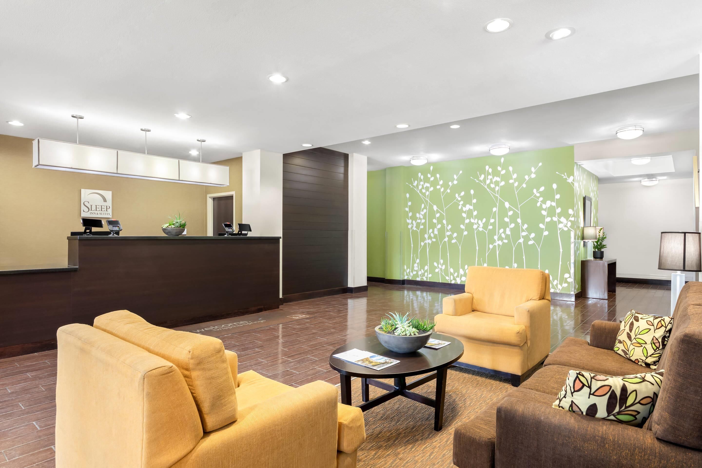 A modern lobby with a reception desk, comfortable seating, and a green wall with a floral design.