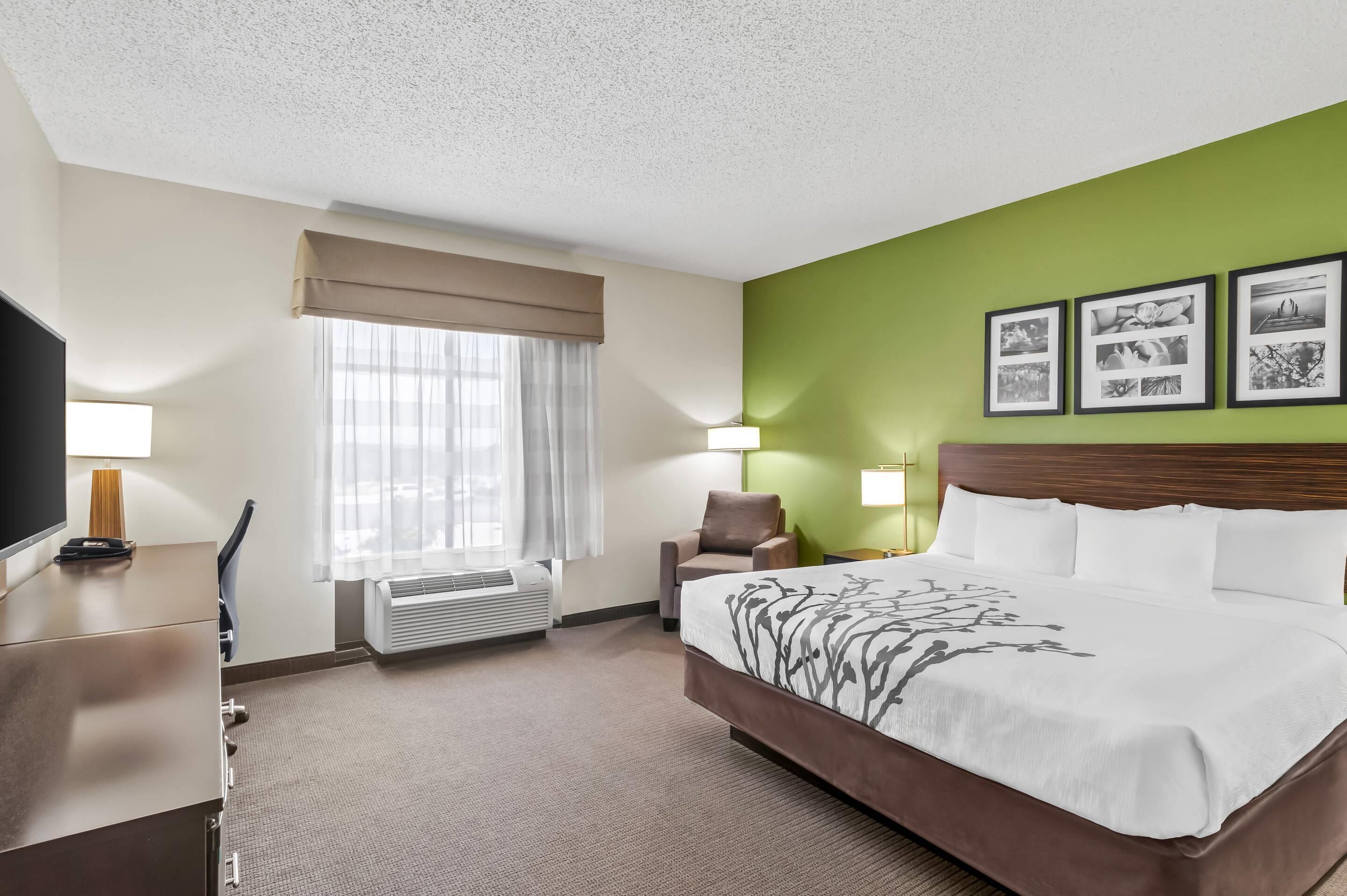 A hotel room with a large bed, a desk with a lamp, a chair, a window with curtains, and a wall with framed pictures.