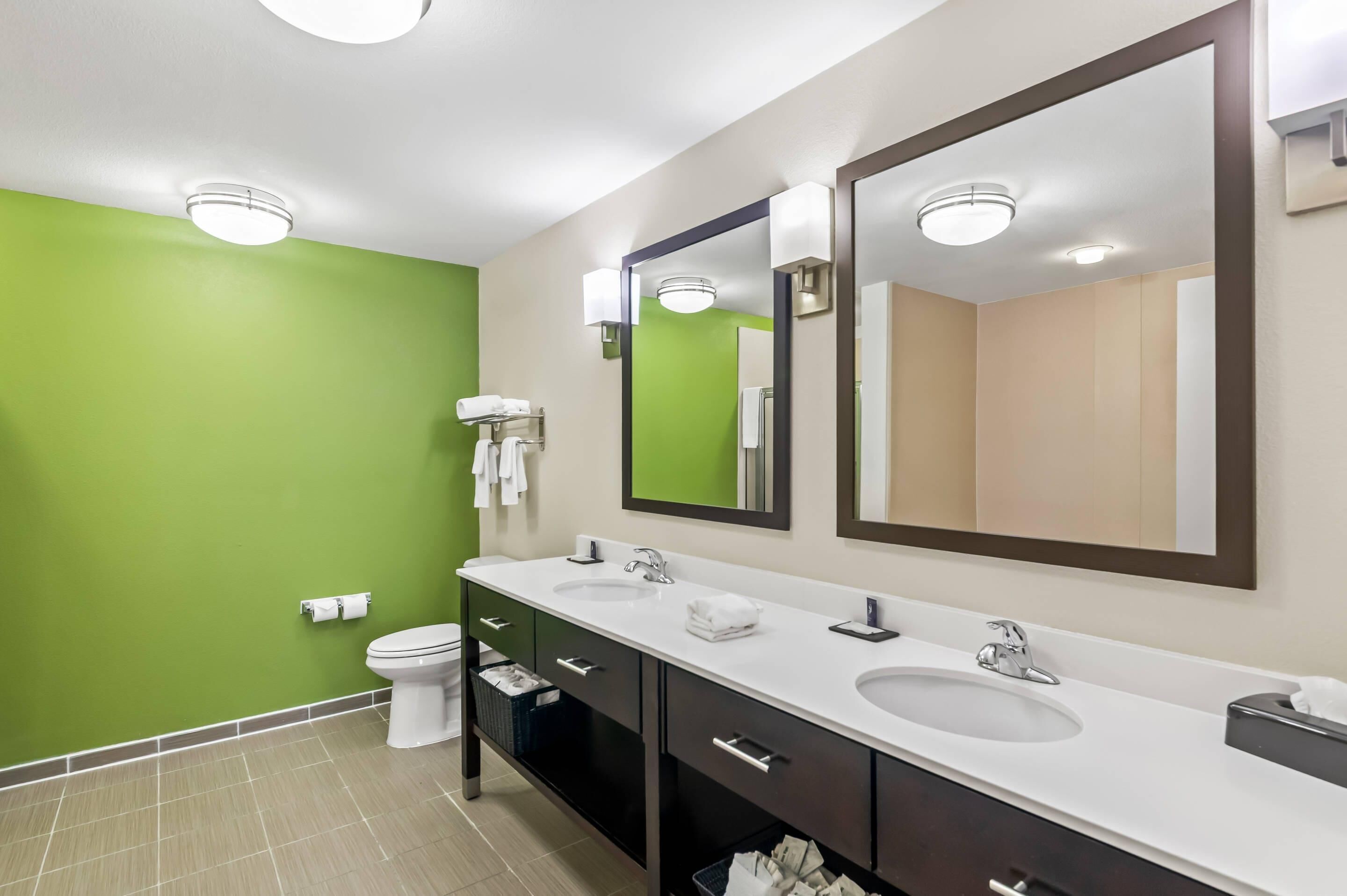 A modern bathroom with green walls, a white sink, and a large mirror.
