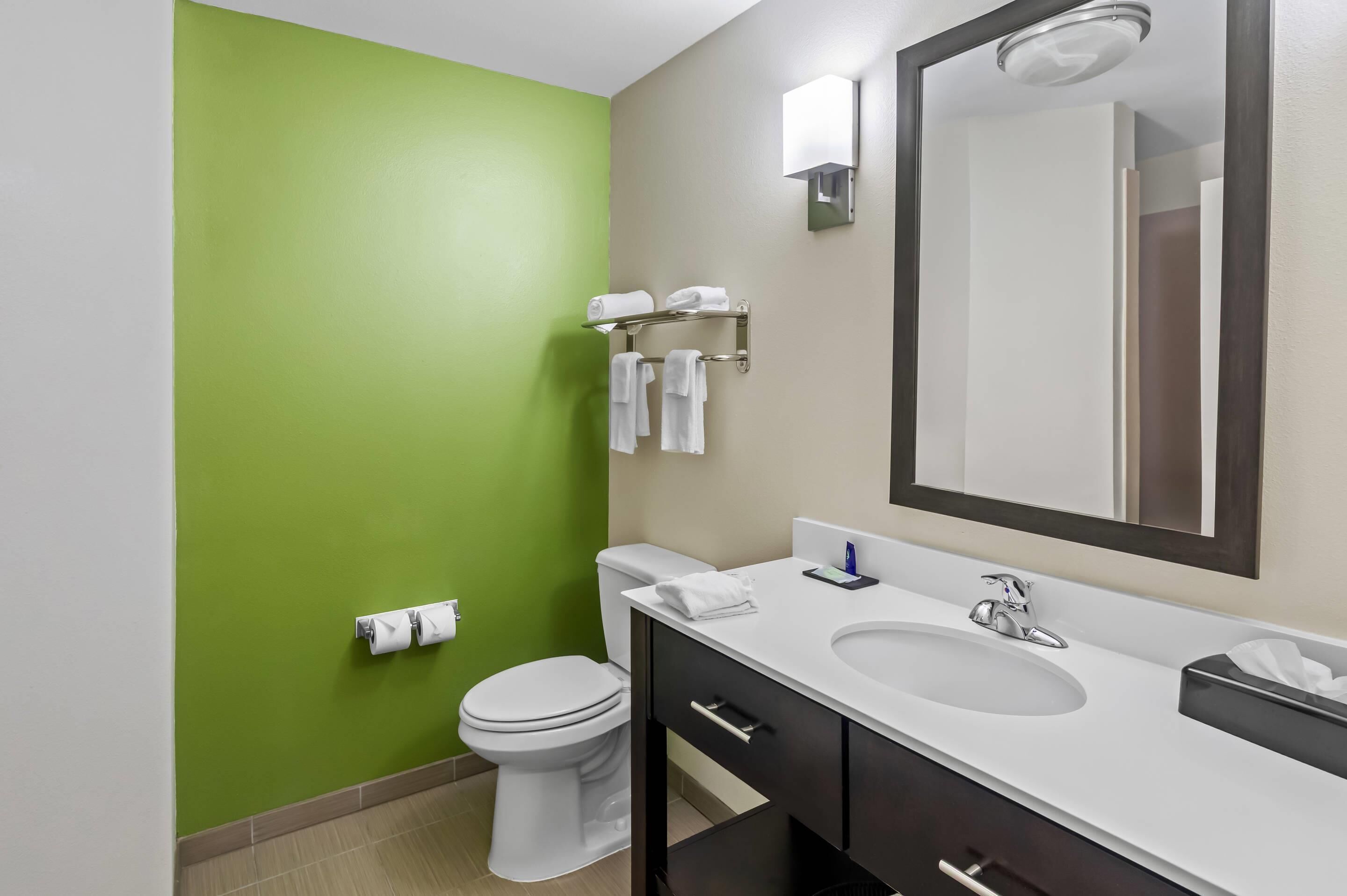 A bathroom with a green wall, white toilet, and a vanity with a mirror, sink, and towel rack.