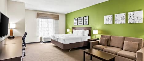 A hotel room with a bed, a sofa, a TV, and artwork on the wall.