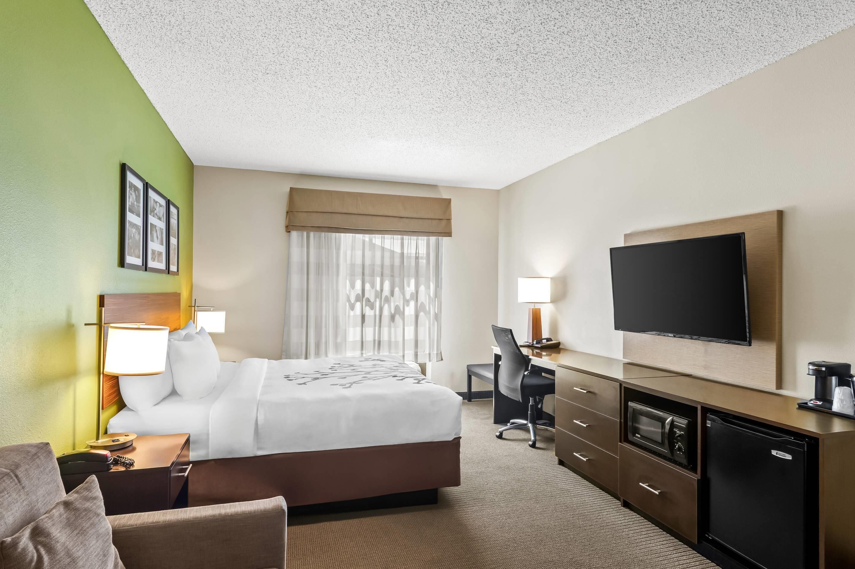 A hotel room with a bed, desk, TV, and a minibar.