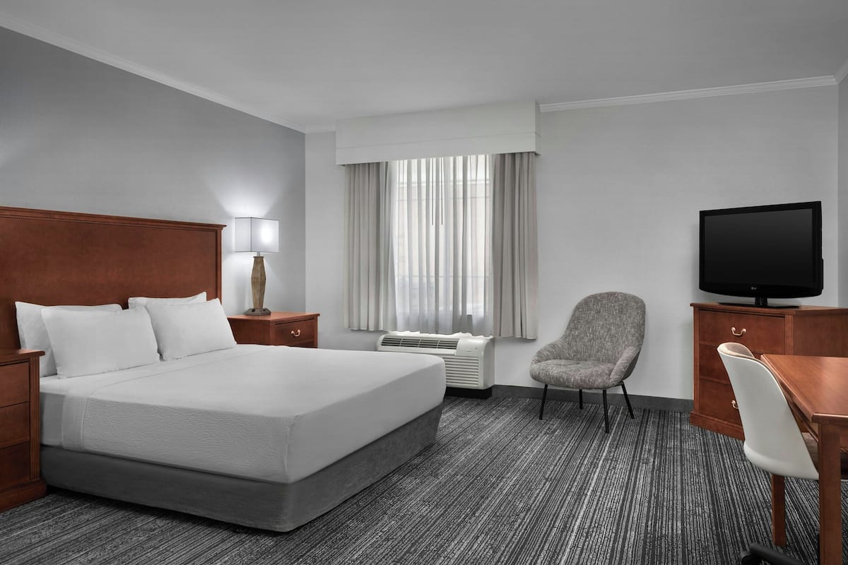 A hotel room with a large bed, a desk, a chair, a television, a lamp, and a window with curtains.