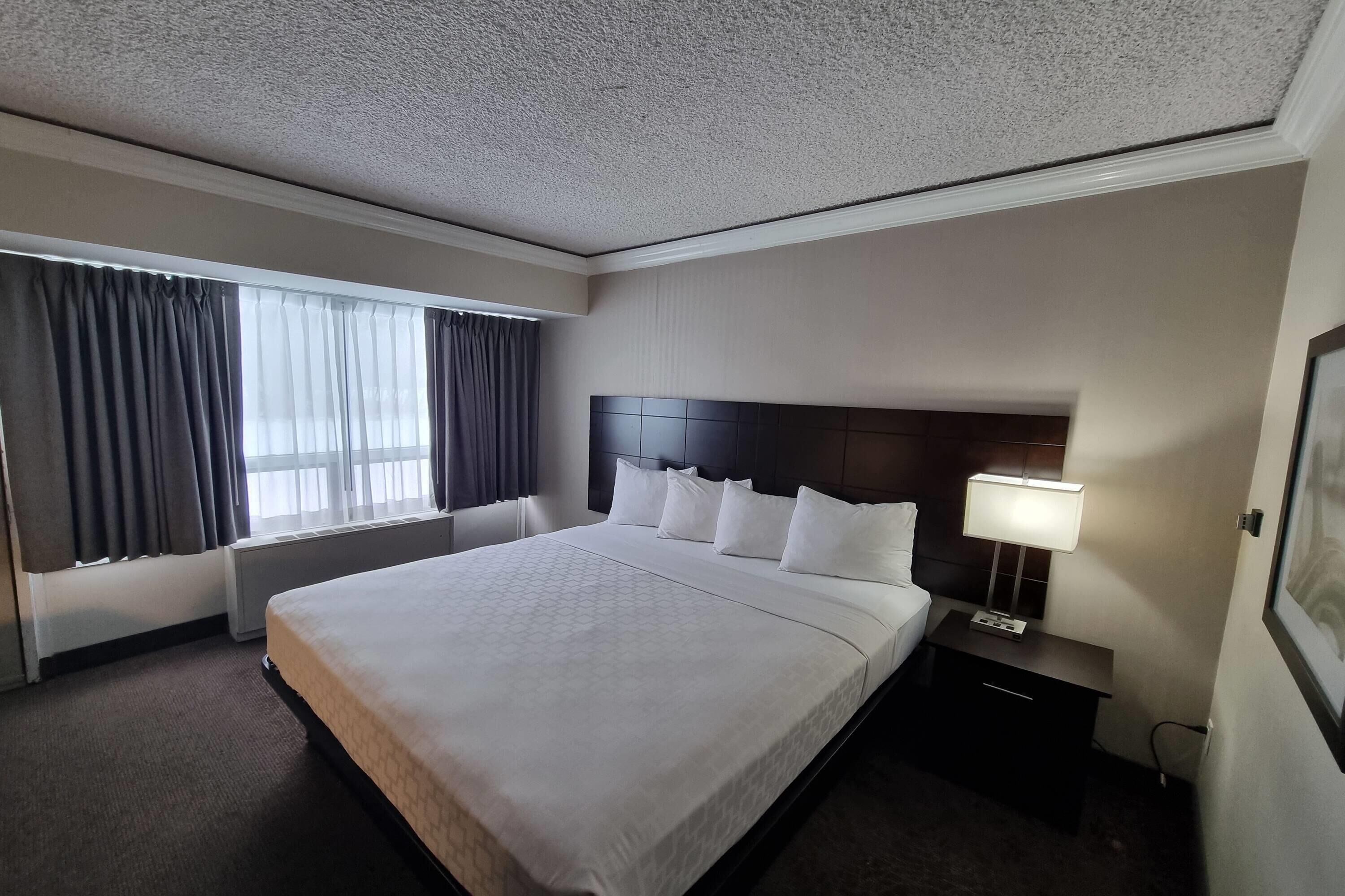 Una habitación de hotel con una cama grande, una mesita de noche con lámpara, una ventana con cortinas y un televisor montado en la pared.