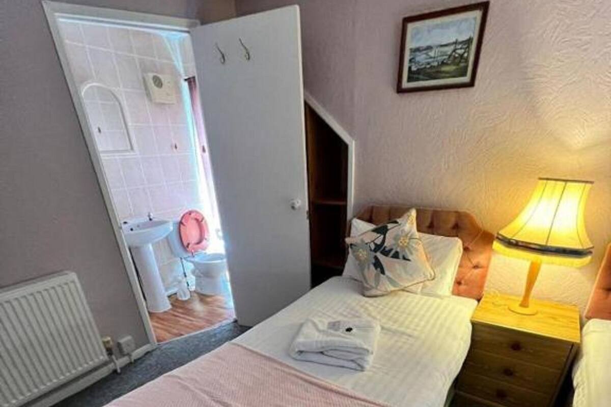 A single bed with a pink blanket, a bedside table with a lamp, and a door leading to a bathroom.