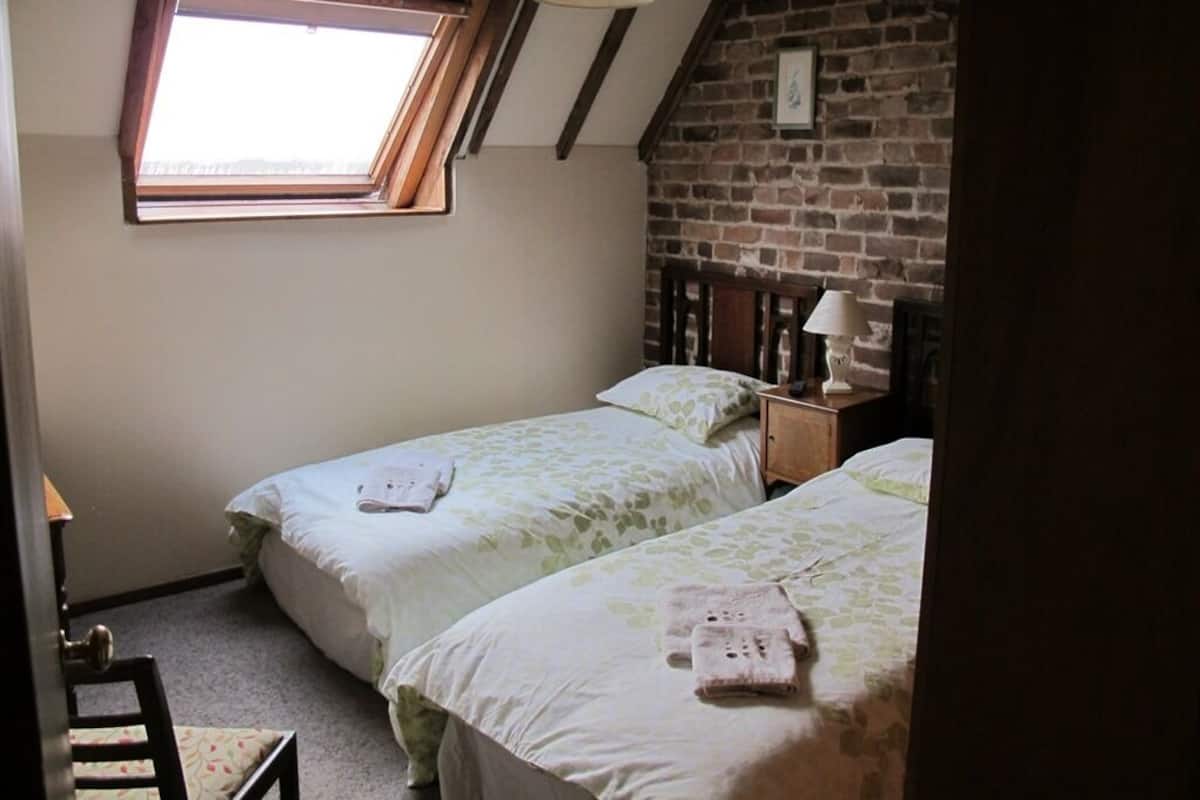 A bedroom with two beds, a skylight, a wooden headboard, a nightstand, and a lamp.