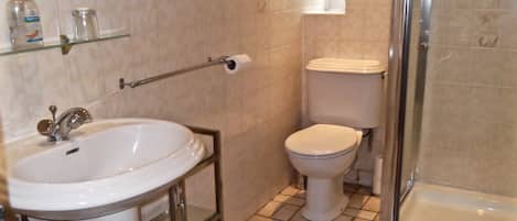 A bathroom with a sink, toilet, and glass-enclosed shower.
