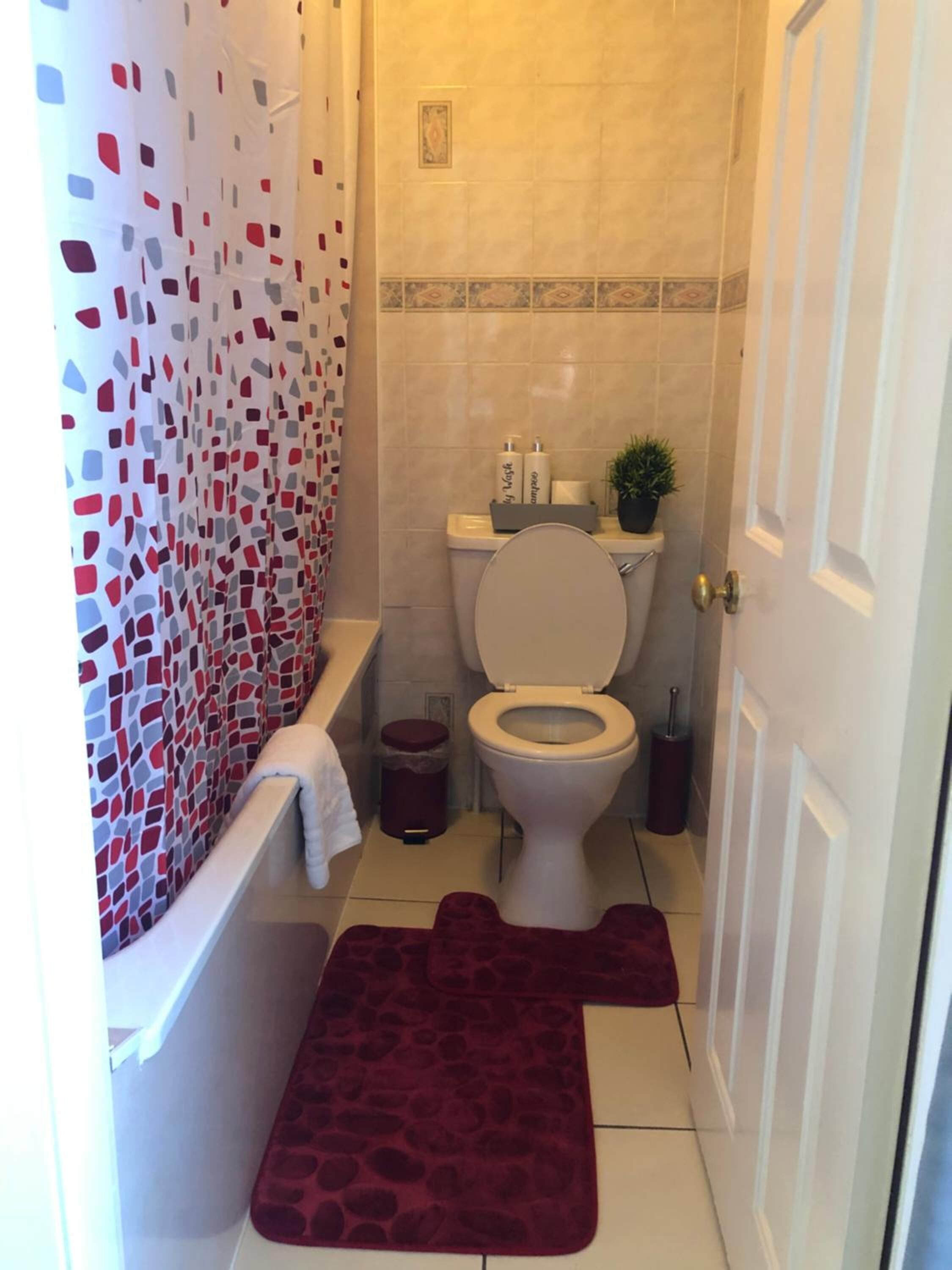 Een kleine badkamer met toilet, douchegordijn met een rood en grijs patroon, een klein prullenbakje en een rode badmat.