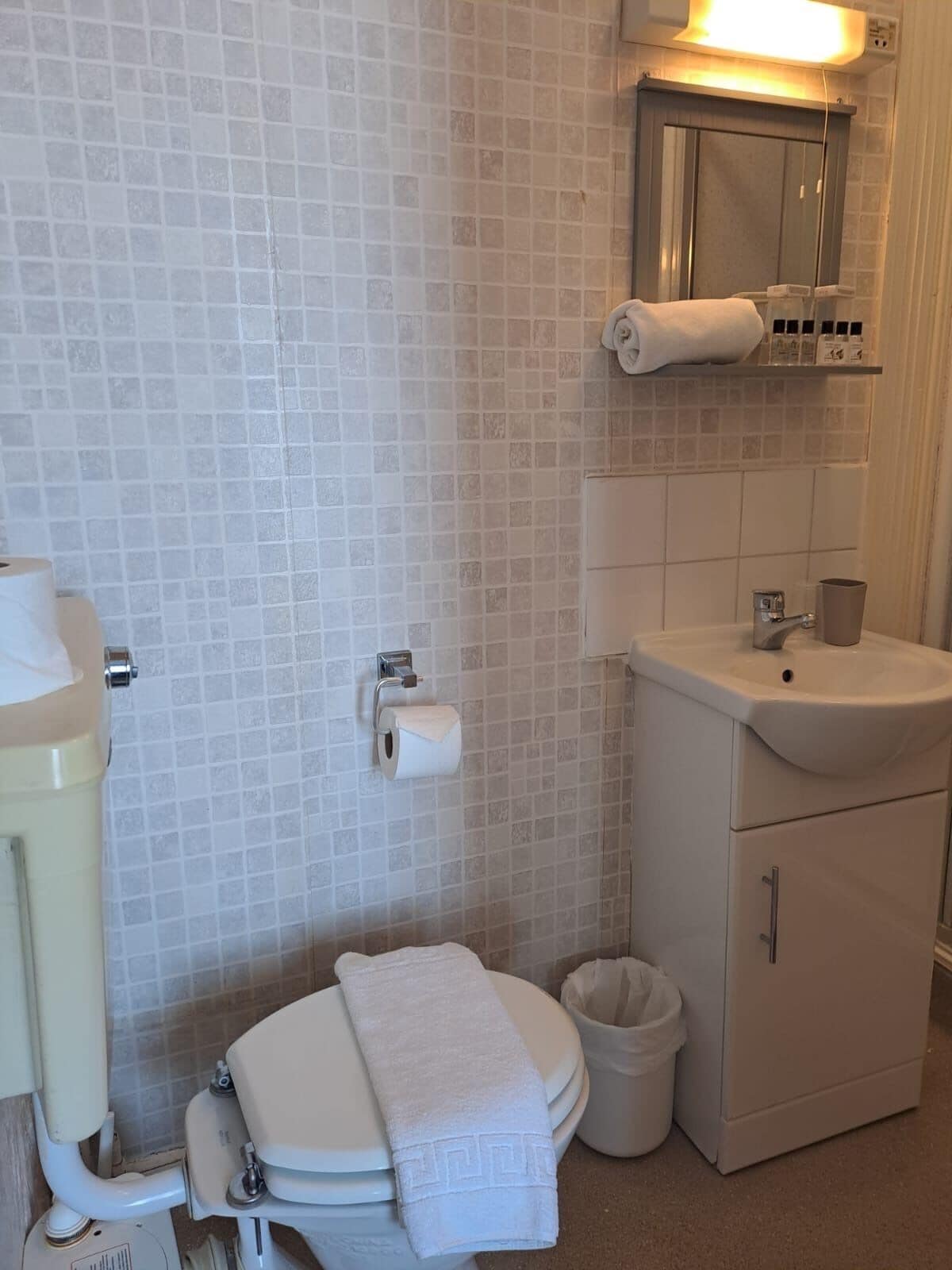 A bathroom with a toilet, sink, and a mirror above the sink.