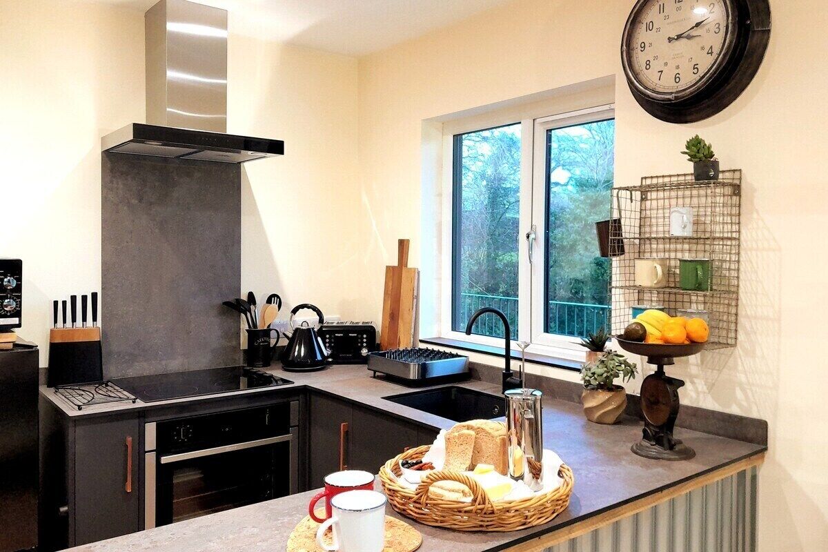 A modern kitchen with a gas stove, black cabinets, a stainless steel range hood, and a window with a view of trees.