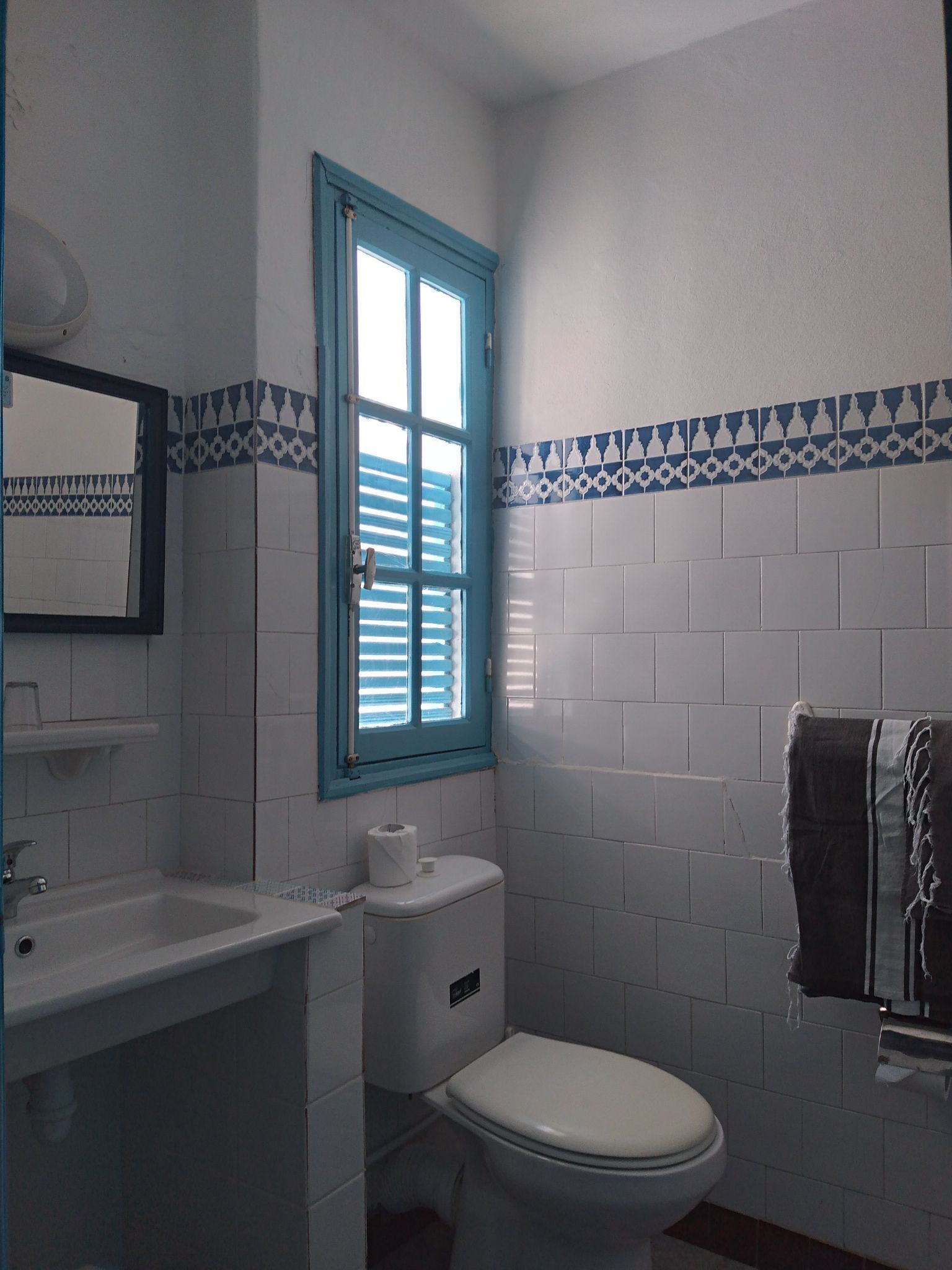 Baño con inodoro, lavamanos y ventana con contraventanas azules.
