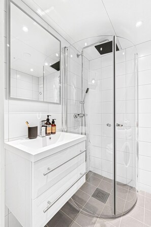 Shower, hair dryer, towels, toilet paper