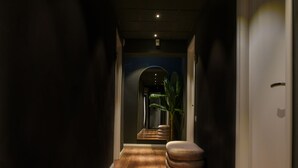 Un pasillo con suelo de madera, una planta y una puerta al final.