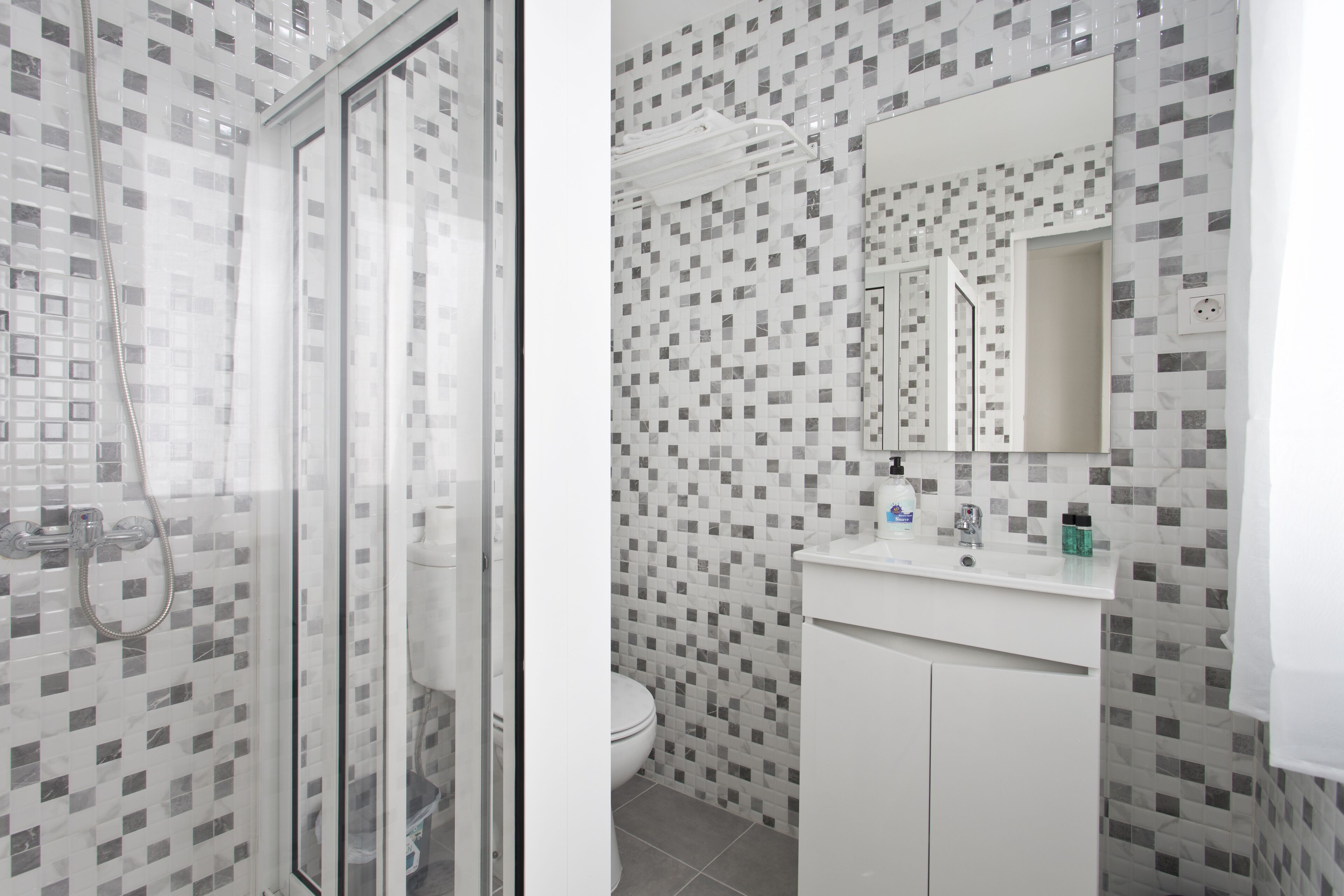 Een badkamer met een douche met glazen wand, een toilet en een wastafel met spiegel erboven.
