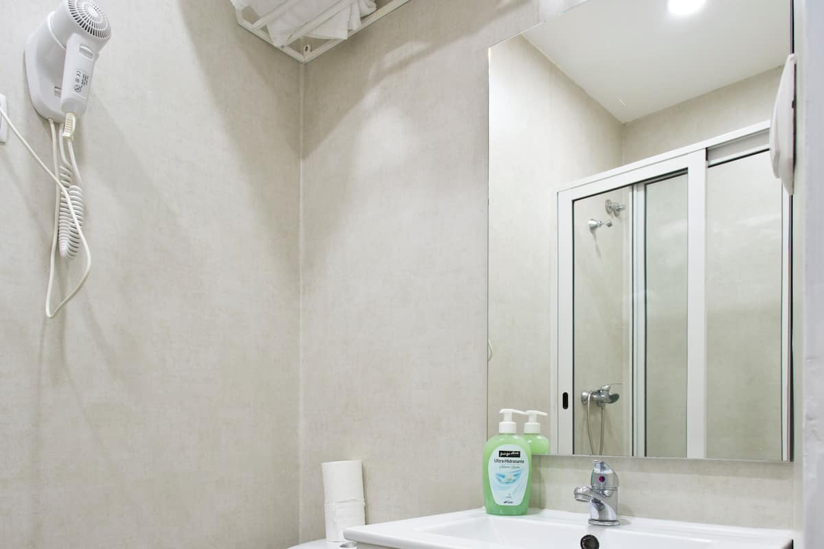 Shower, free toiletries, hair dryer