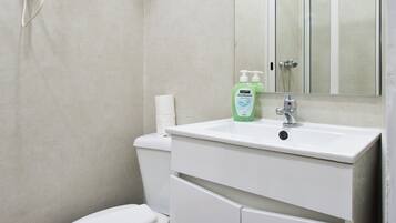 A bathroom with a toilet, a sink, a hairdryer, and a towel rack.