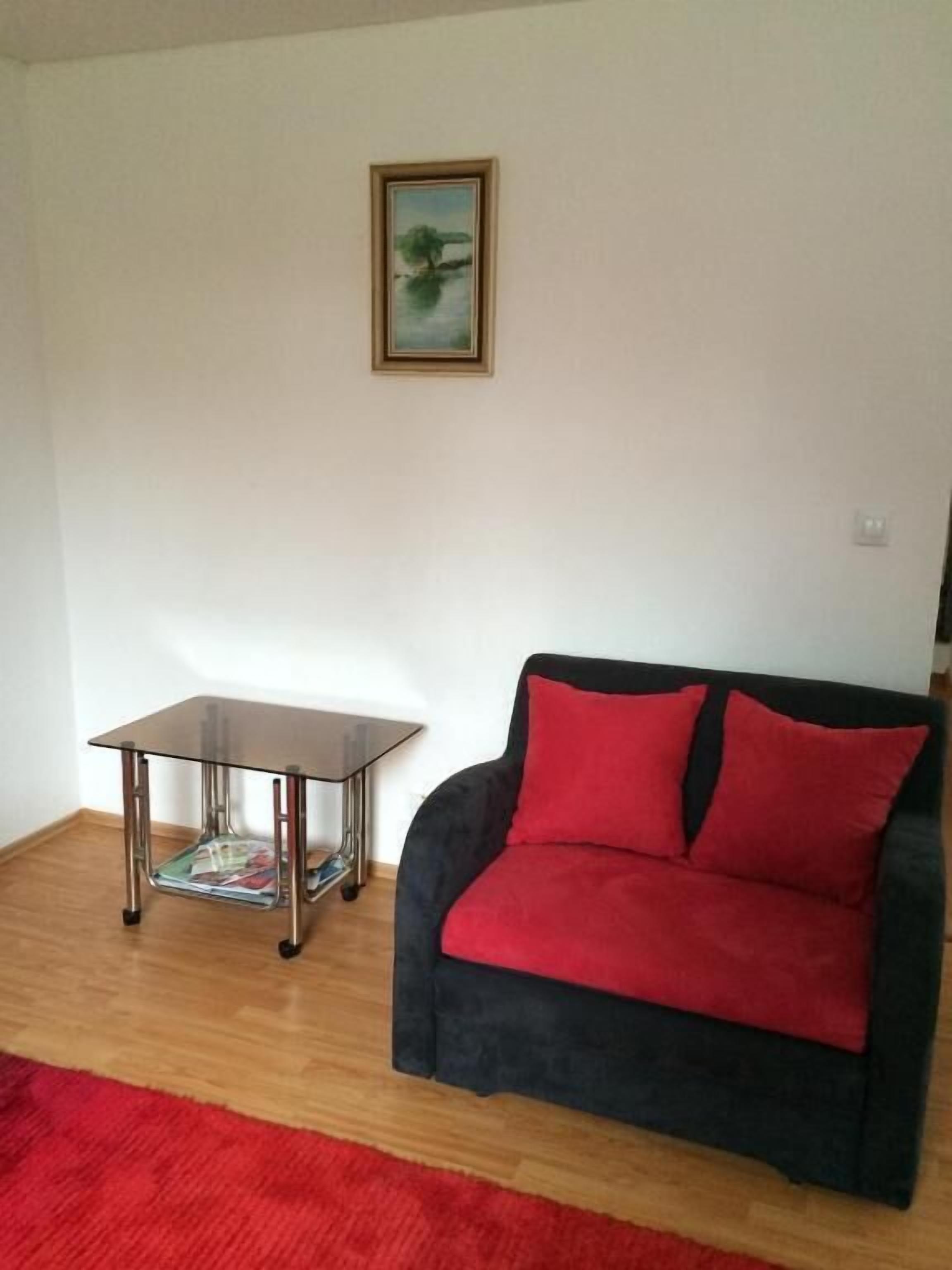 A living room with a glass-top table, a black sofa with red cushions, a framed painting on the wall, and a red rug on the floor.