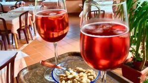 A tray with two glasses of red beverage and a bowl of nuts on a table in a restaurant with outdoor seating and greenery visible through the windows. - Locanda da Marco (Pignone)