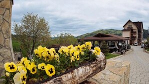 A stone building with a wooden structure in front, surrounded by yellow flowers and a pathway leading to a building with a sign. - Pensiunea Casa Humor (Gura Humorului)
