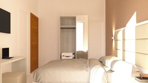 A modern hotel room with a bed, a desk, a wardrobe, and a large window. - Hotel Mizar (Rimini)