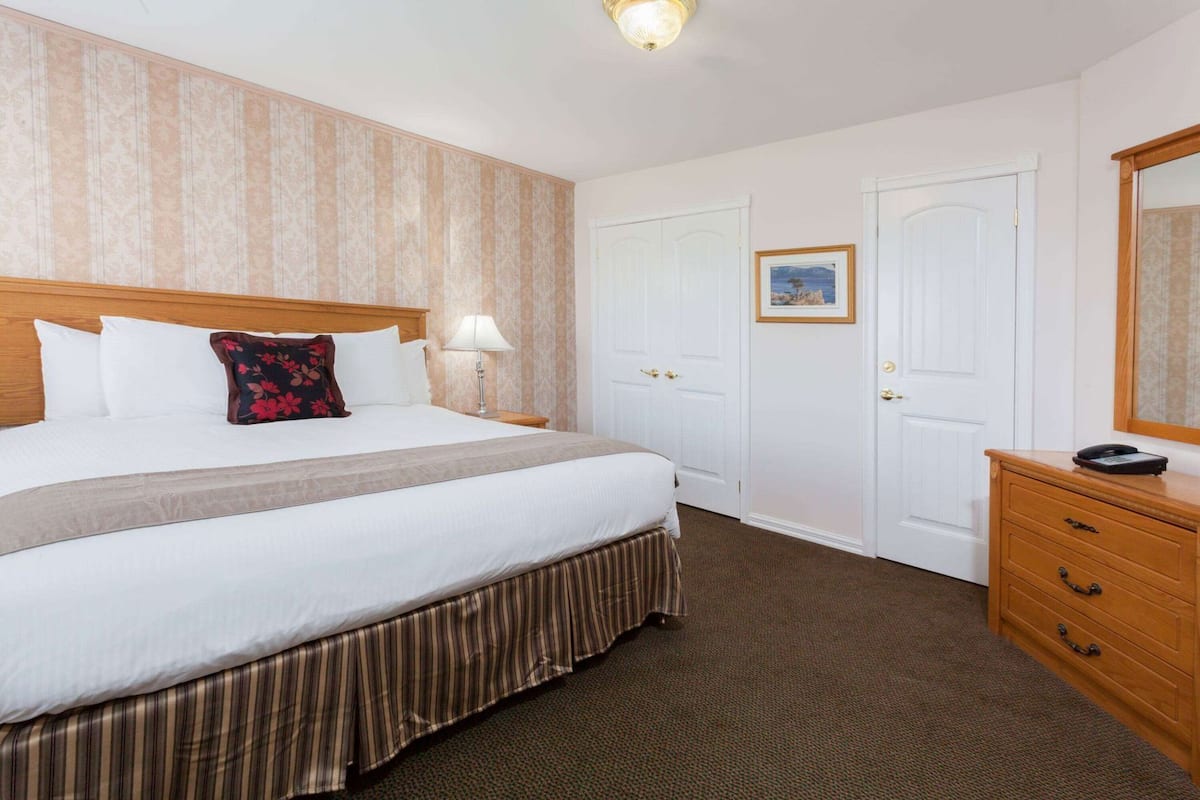 Una habitación de hotel con una cama grande, una mesita de noche con lámpara, un aparador y una puerta decorada con un cuadro.