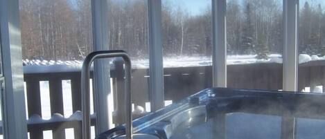 A hot tub with a wooden deck and metal railings, surrounded by a glass enclosure with a view of a snowy landscape and trees.