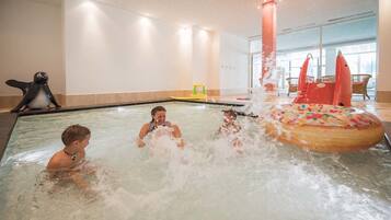 Indoor pool, outdoor pool, pool umbrellas, pool loungers