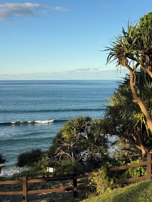 A coastal view with a wooden fence, palm trees, and a clear sky. - Burleigh Palms Holiday Apartments (Burleigh Heads)