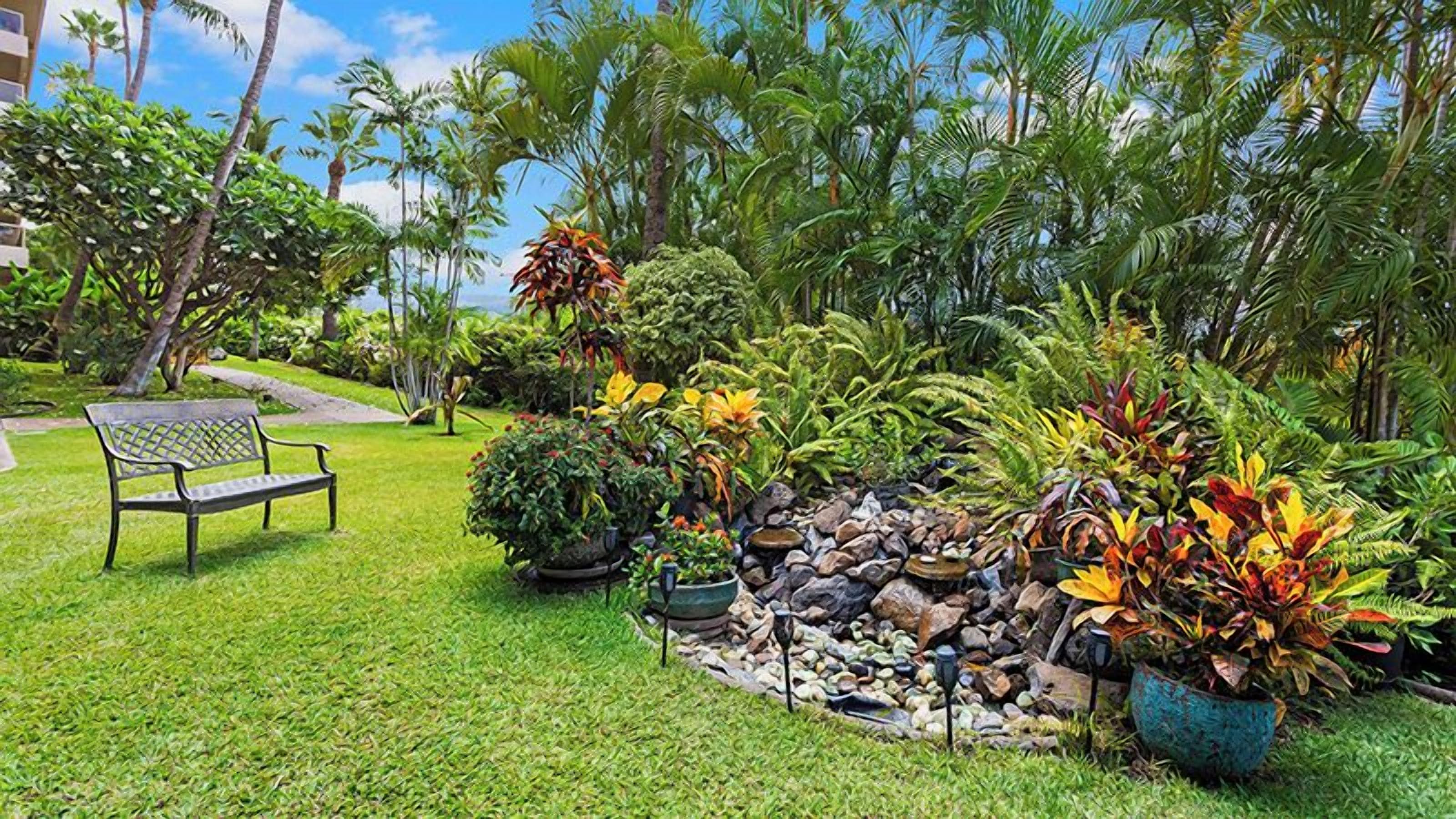 Un giardino curato con una panchina, diverse piante e una piccola roccia decorativa.