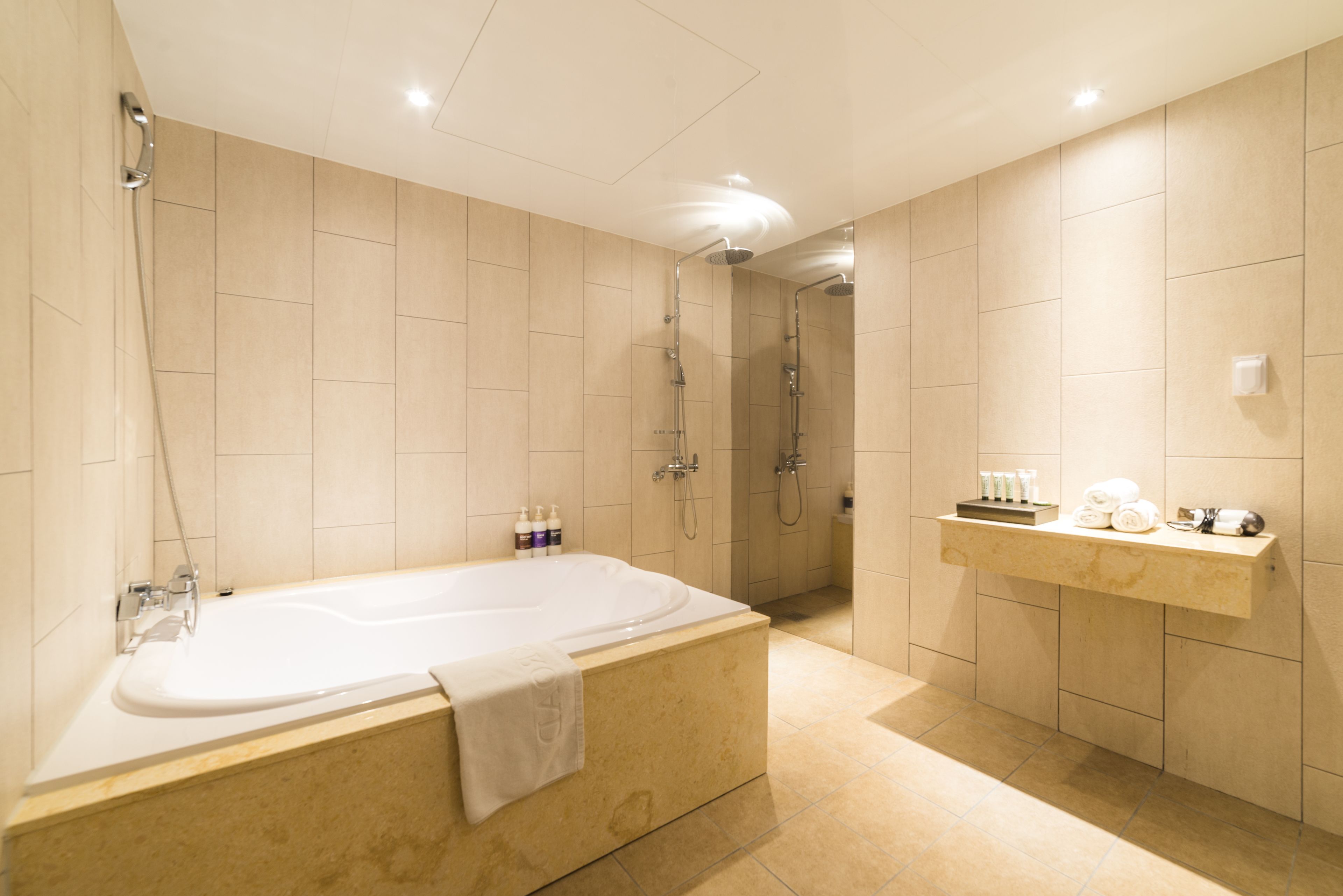 combined shower/bathtub, deep-soaking bathtub, rainfall showerhead