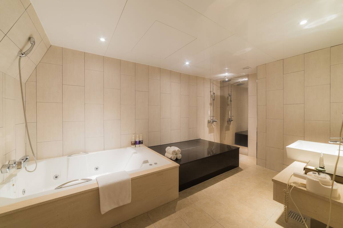 combined shower/bathtub, deep-soaking bathtub, rainfall showerhead