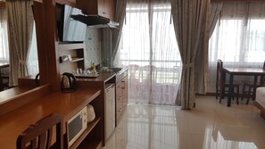 Fridge, microwave, stovetop, electric kettle