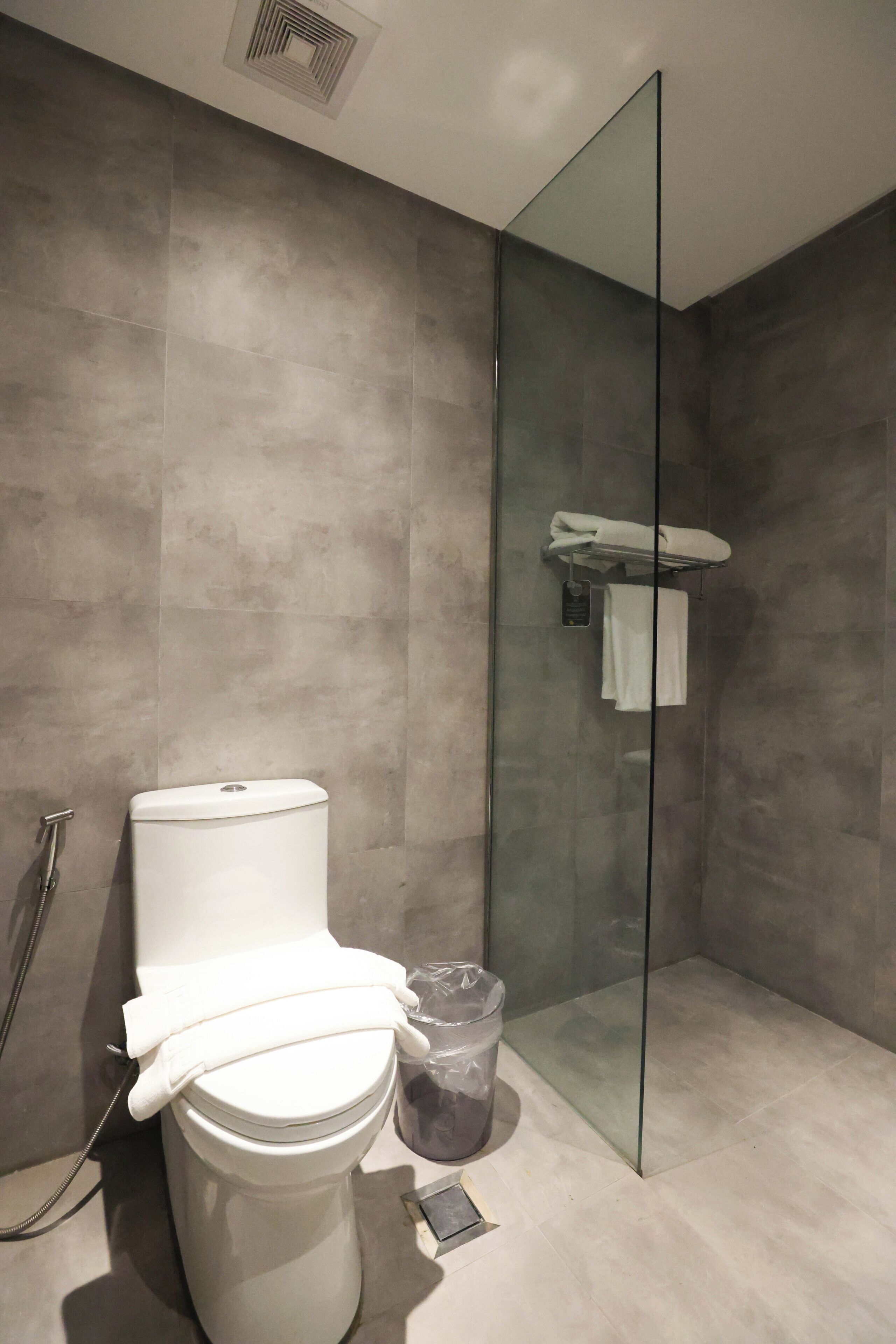 A modern bathroom with a toilet, a glass shower enclosure, and a towel rack.
