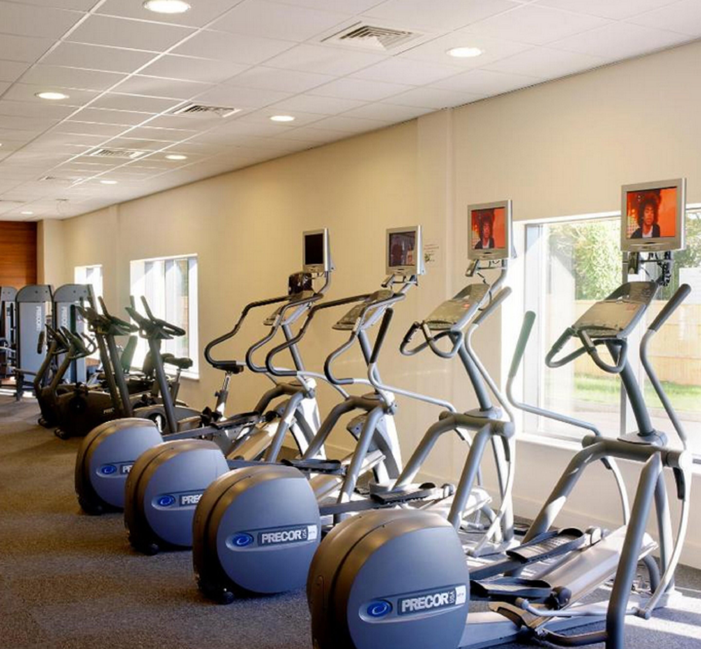 A gym with multiple treadmills and stationary bikes, large windows, and a tiled ceiling.